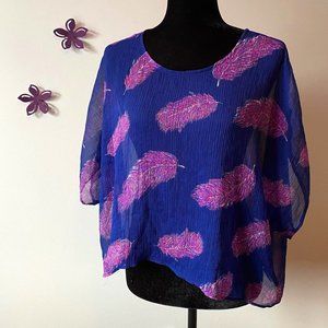 SWS Sheer Top Navy Purple Feathers sz Small
